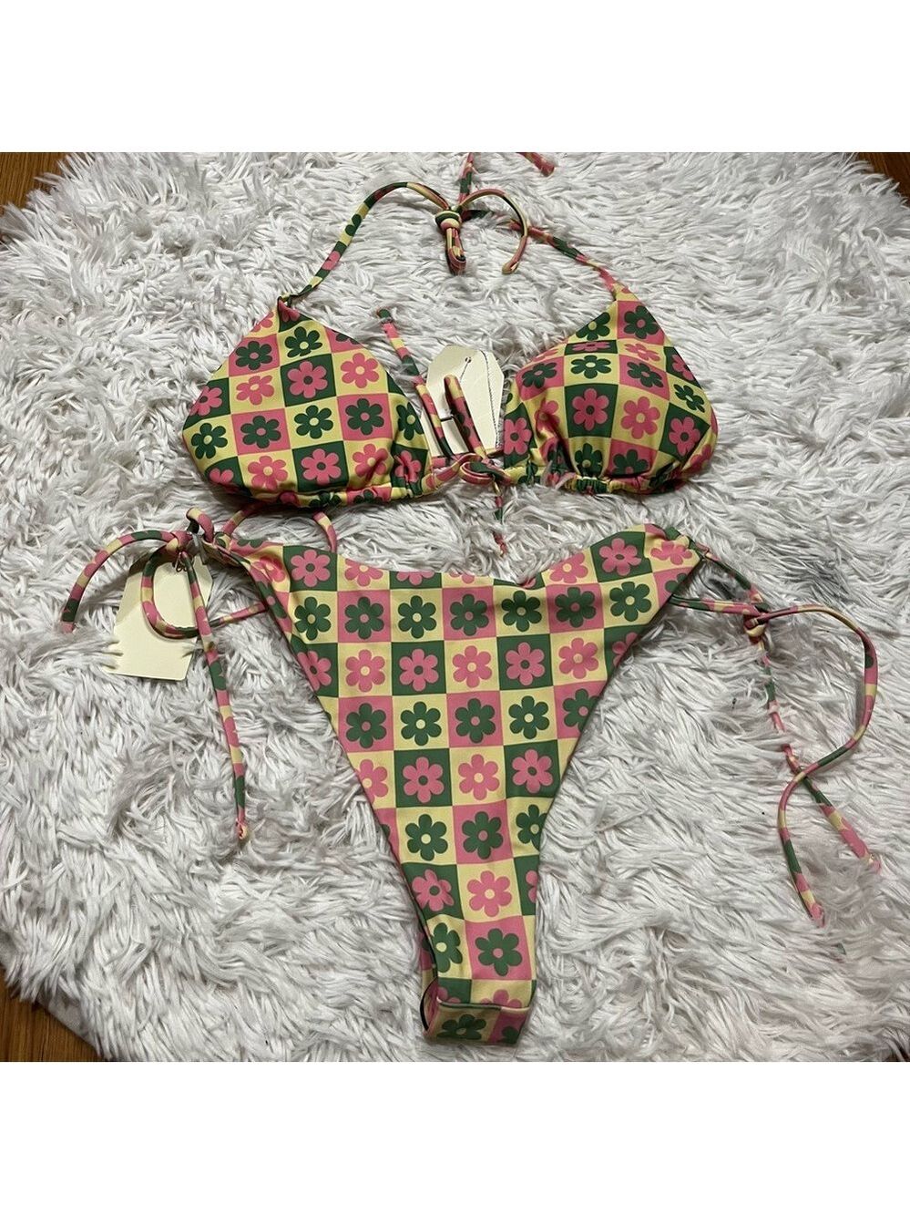 Aurelle Jess Floral Checkered String Bikini in Multi Pink And Green